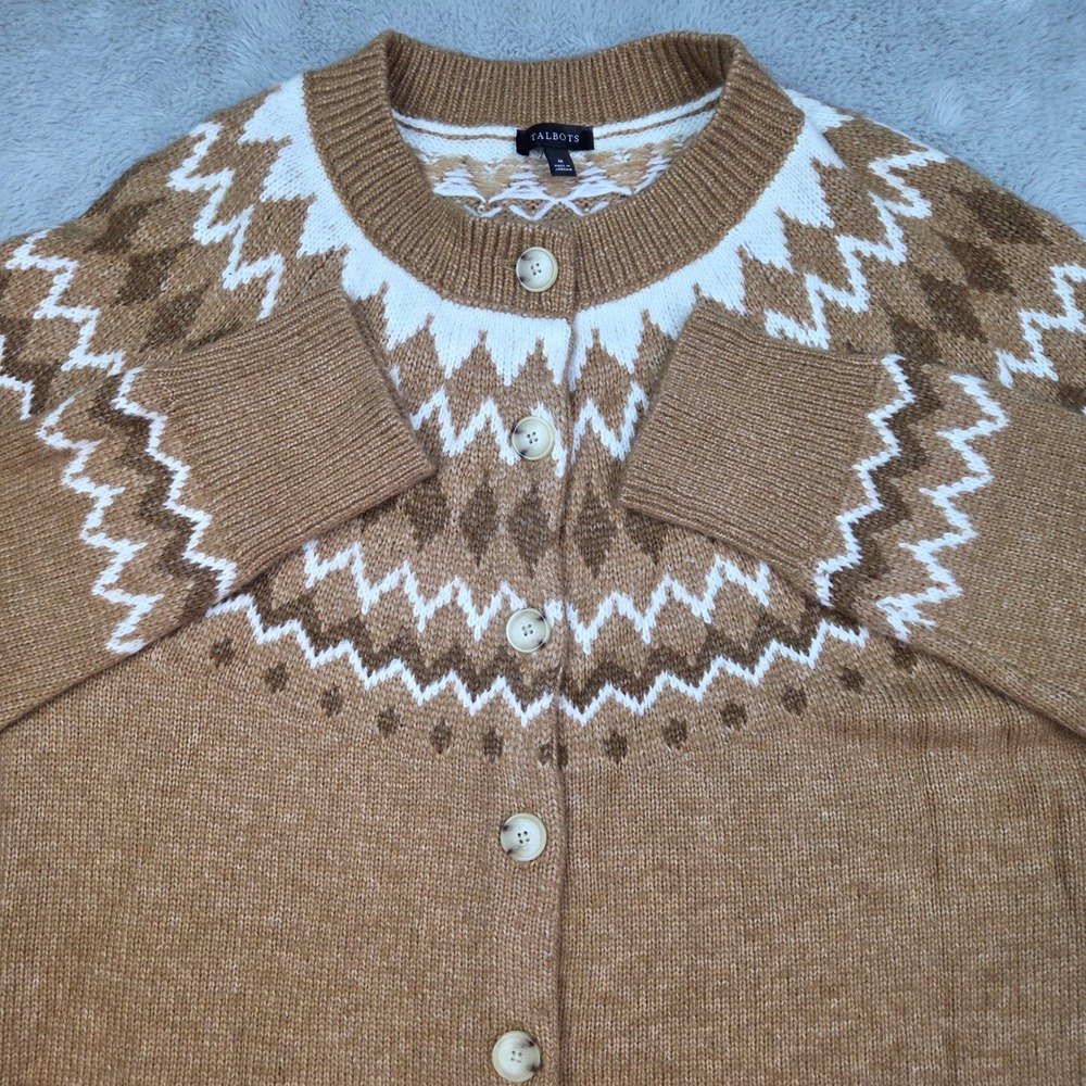 Talbots Wool Fair Isle Cardigan Sweater Womens M Button Front Long Sleeve Brown